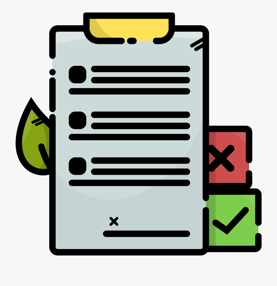 Drawing of a clipboard with black lines for text across the sheet. There is a green leaf on the left side, and to the right is a red square with an x in it, and below that is a green square with a check mark. Source: https://www.clipartkey.com/view/iomhhx_rules-discord-clipart-png-download-rules-discord/