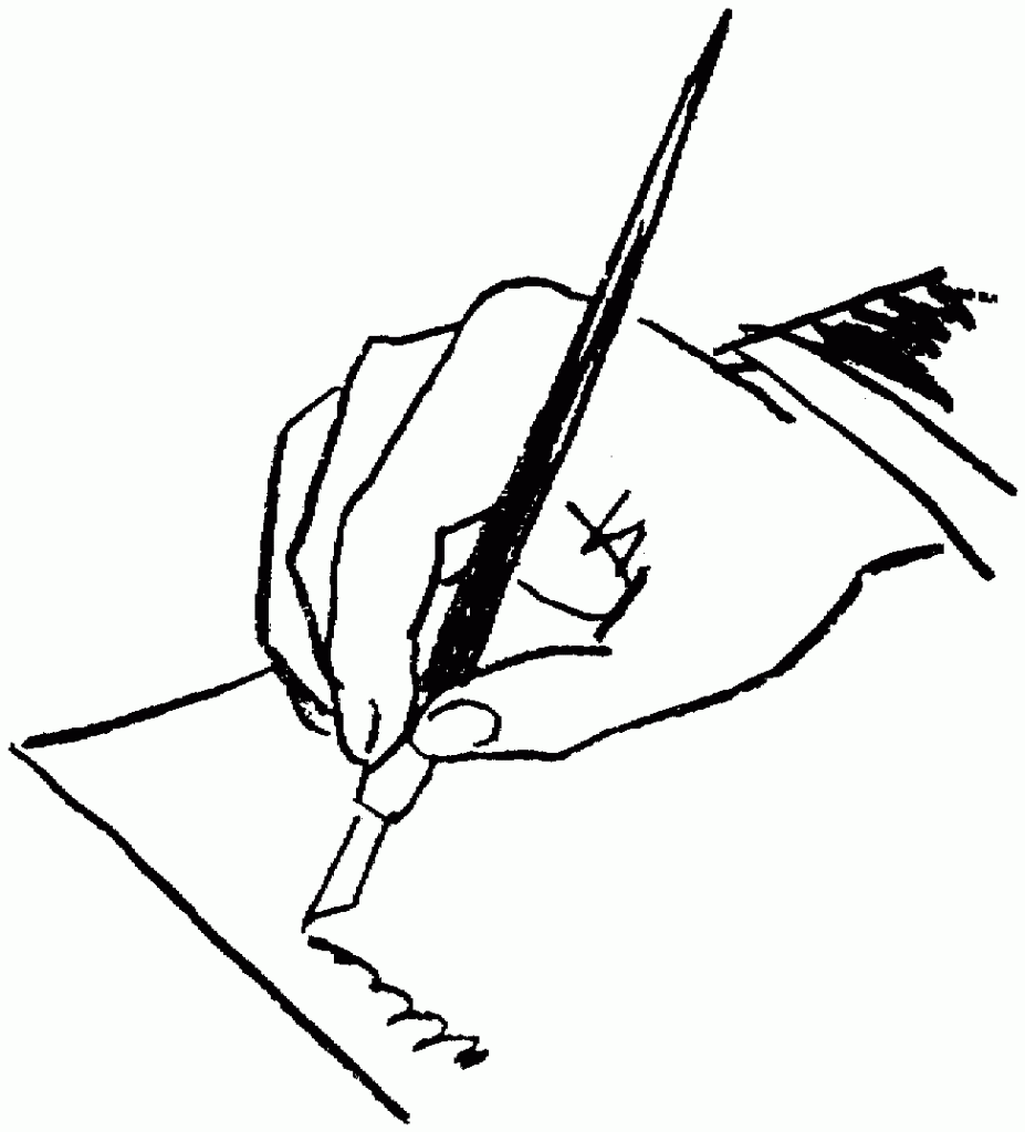 Black and white scribble art depicting a hand holding a calligraphy pen, scratching on a sheet of paper. Source: https://www.pinterest.com/pin/735634920356474407/