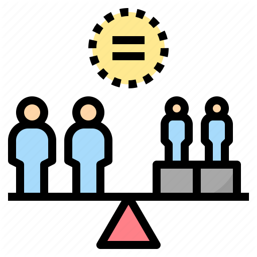 A minimalist pastel-colored illustration depicting 4 figures on a see-saw. Two large persons stand on the left side, and two smaller persons stand on the right. To ensure the seesaw is level, the two on the right stand on boxes. Centered above them is a yellow circle with an equal sign inside.