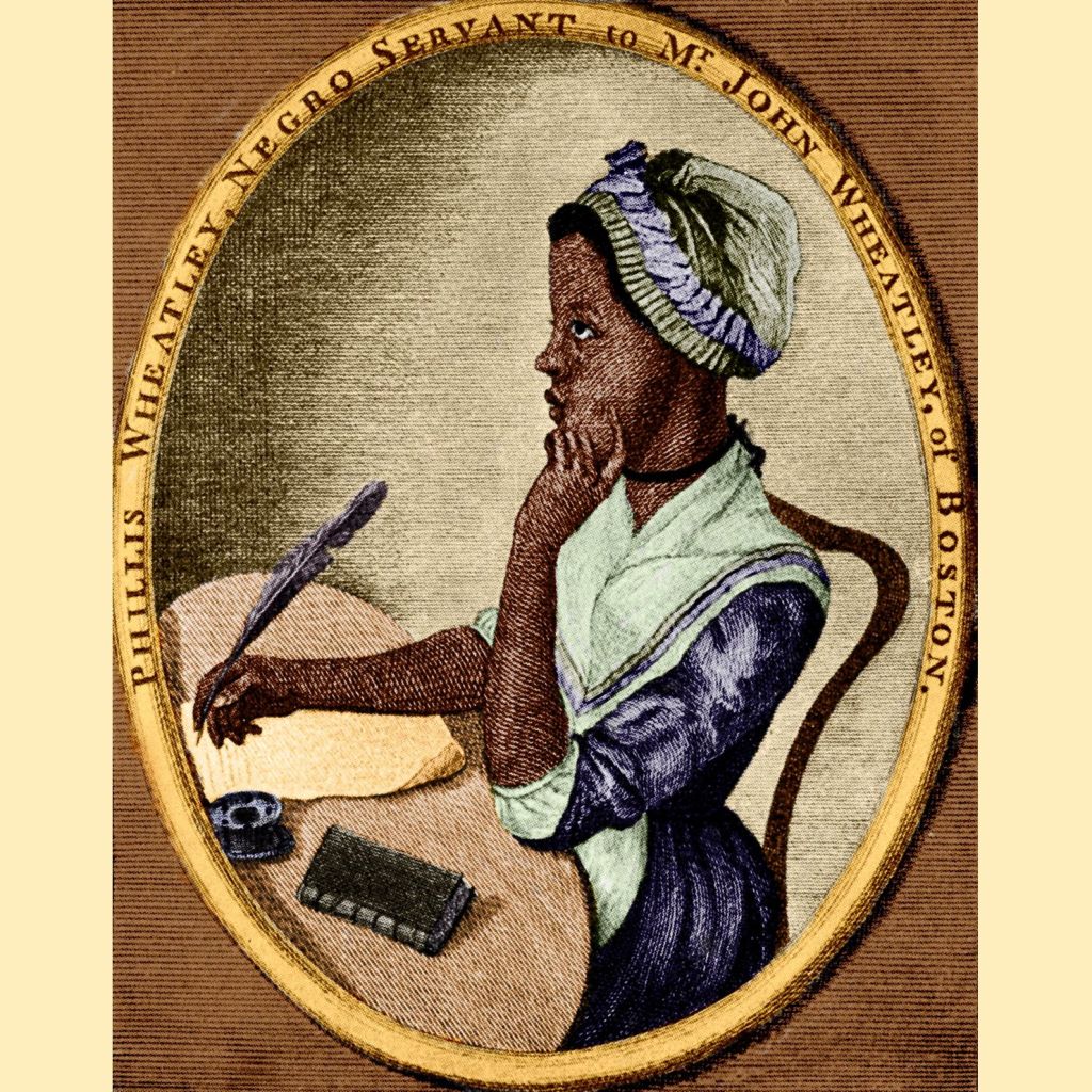 Portrait of Phillis Wheatley, a young Black woman seated at a writing desk. She is wearing a bonnet with blue ribbon and a blue dress, poised with a finger tapping her cheek thoughtfully, and quill in her other hand.